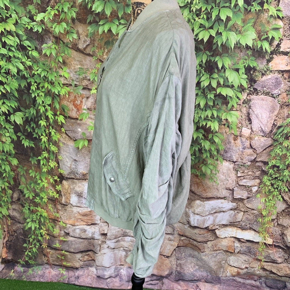 FREE PEOPLE Festival Wear Ruched Linen Oliver Green Bomber Jacket, S - Picture 8 of 16